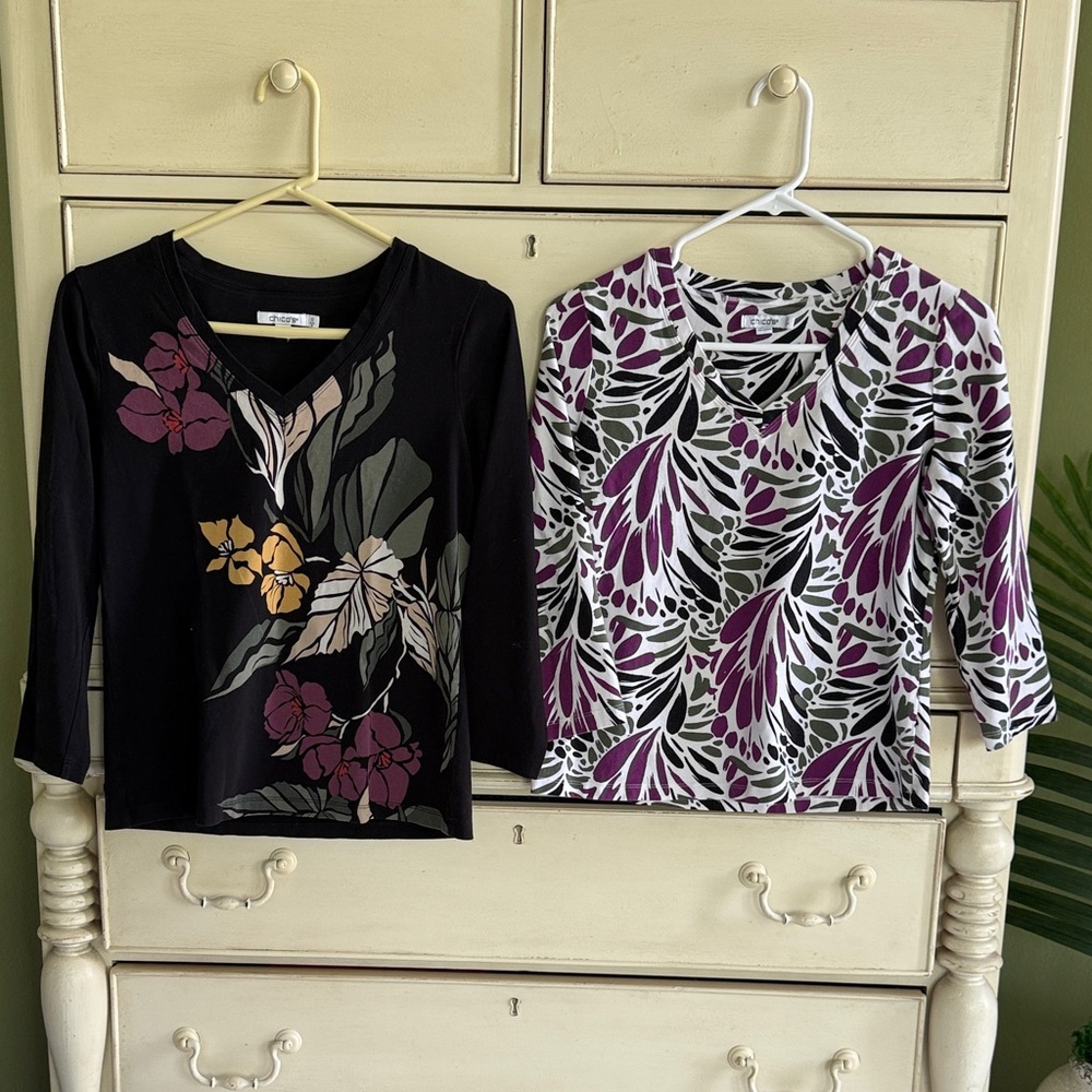 Chico's Black and White Floral Long Sleeve Tops
